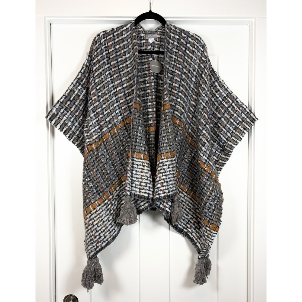 New DEMDACO Woven Tweed Kimono Wrap Poncho Jacket Plaid Tassel Detail Gray OSFM